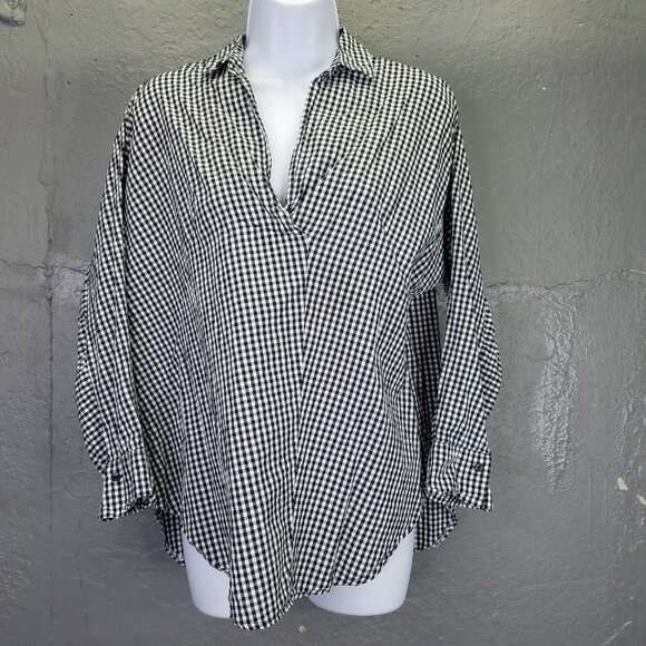 INDIBRAND Popover Blouse Women's L Collared Gingham Check Long Sleeve Cotton - Picture 1 of 14